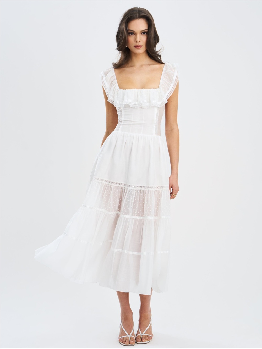 🤍 Miss Circle White Tencel Lace Ruffle Midi Dress NWT Small